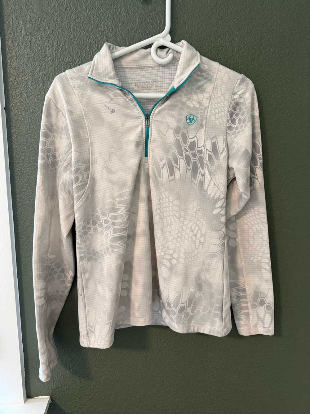 Ariat Light Gray Camo-Print Quarter Zip with Teal Trim